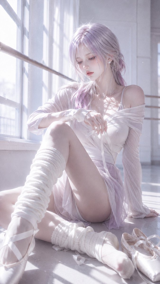Her silver-white hair loosely tied back in a low ponytail, s