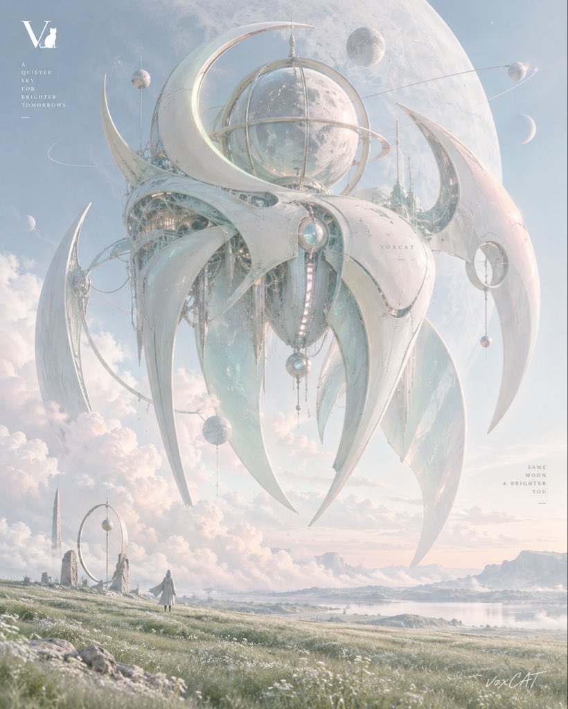 {机甲主题}，只参考主题核心识别信息，转译为柔性超现实机甲海报风。巨型漂浮机甲 / 机械生物，圆润有机的 biomorp