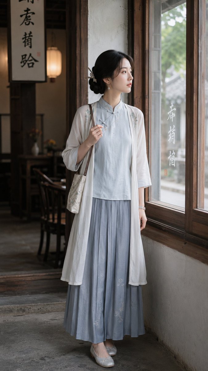 【角色】，成年女性，新中式日常穿搭人像摄影，汉服元素与现代通勤服饰自然混搭。服装根据角色配色与气质自动设计，上身可为立领