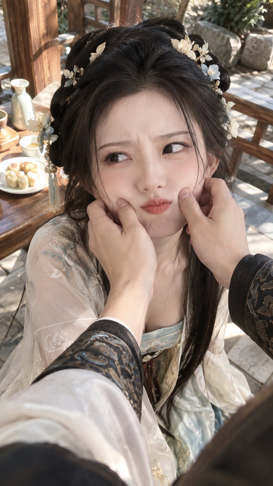 娇嗔（微蹙眉、轻抿唇、带一点恼意的撒娇神态） × 【事件】 × 宋式美学 × iPhone抓拍