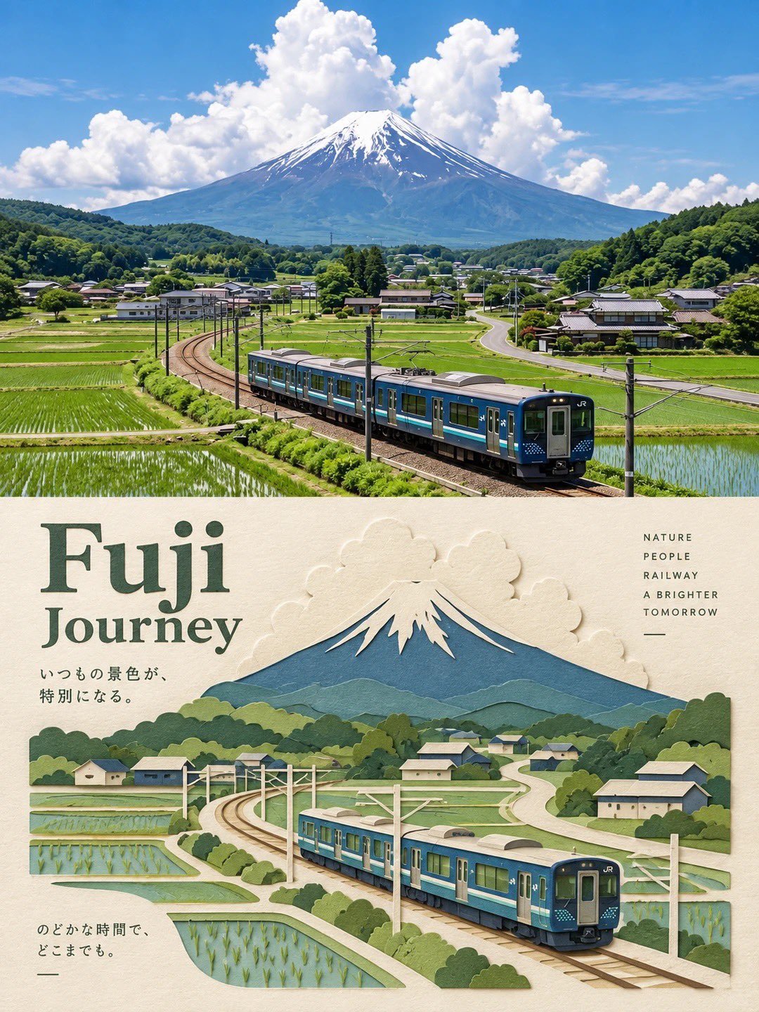 A vertical, split-panel travel poster featuring a photograph