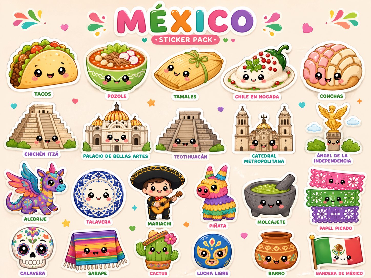Design a cute kawaii sticker pack featuring famous things fr