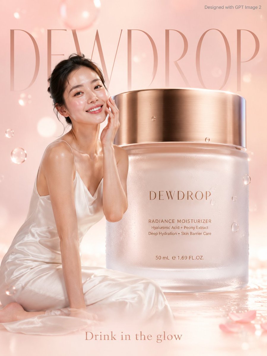 A soft premium skincare advertisement poster. Radiant young 