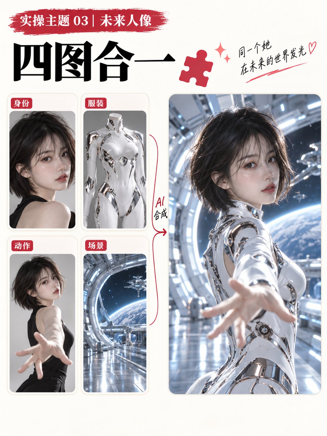 上传图1、图2、图3、图4,生成一张独立的3:4竖版写实时尚摄影作品。