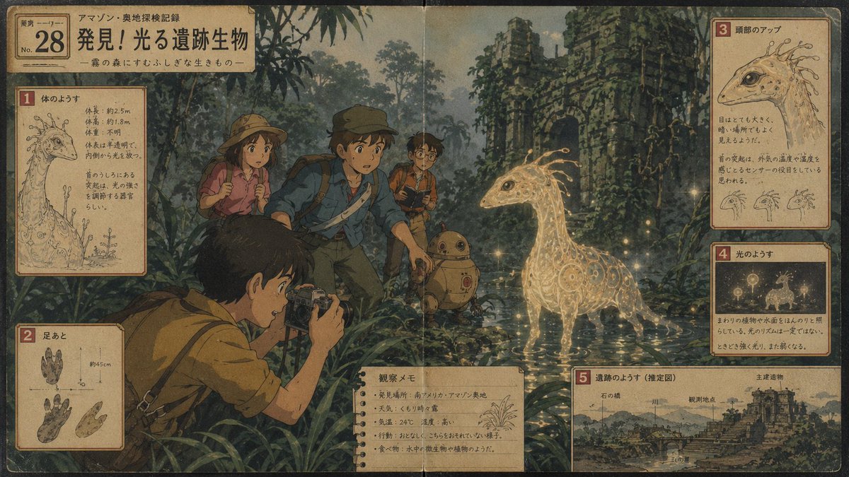 受 1970s 日本科教冒险电视动画视觉语言启发：手绘赛璐璐角色、温暖低饱和色、有限阴影、胶片颗粒、旧电视扫描感、儿童科
