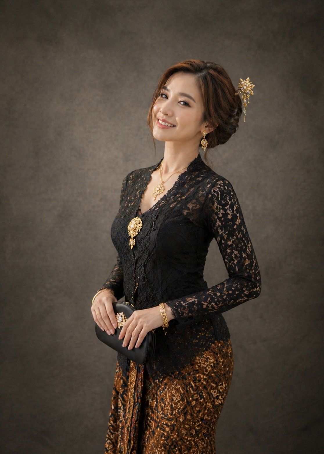 Wanita Indonesia anggun dalam kebaya brokat hitam lengan pan