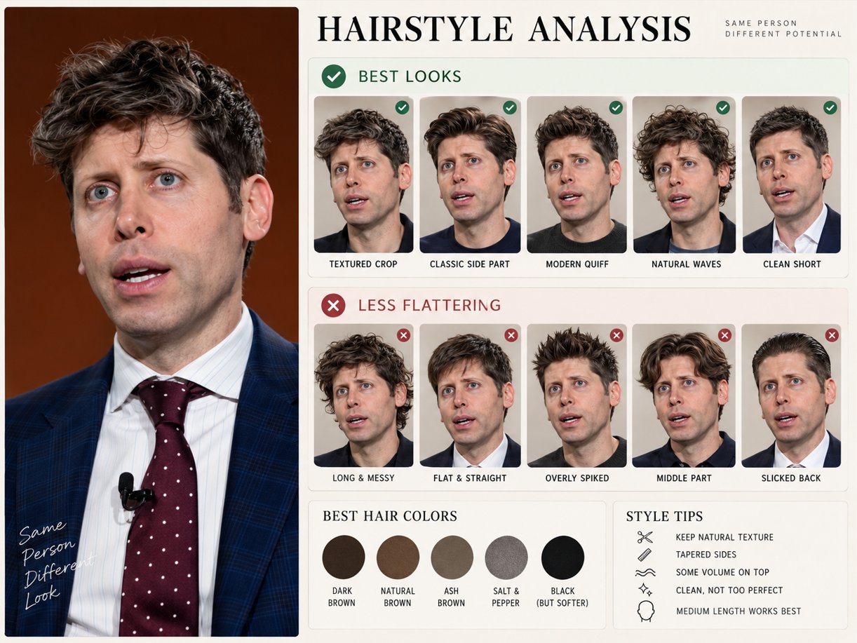 Create a hairstyle analysis graphic using this portrait. Sho