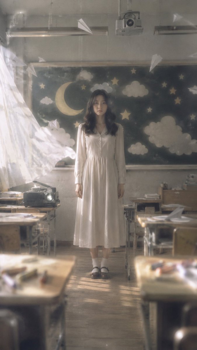 创作一张梦核柔焦人像风格的真实摄影作品，竖版 9:16。主体为一位成年女性。对称式正面全身构图，人物站在一间空教室中央，
