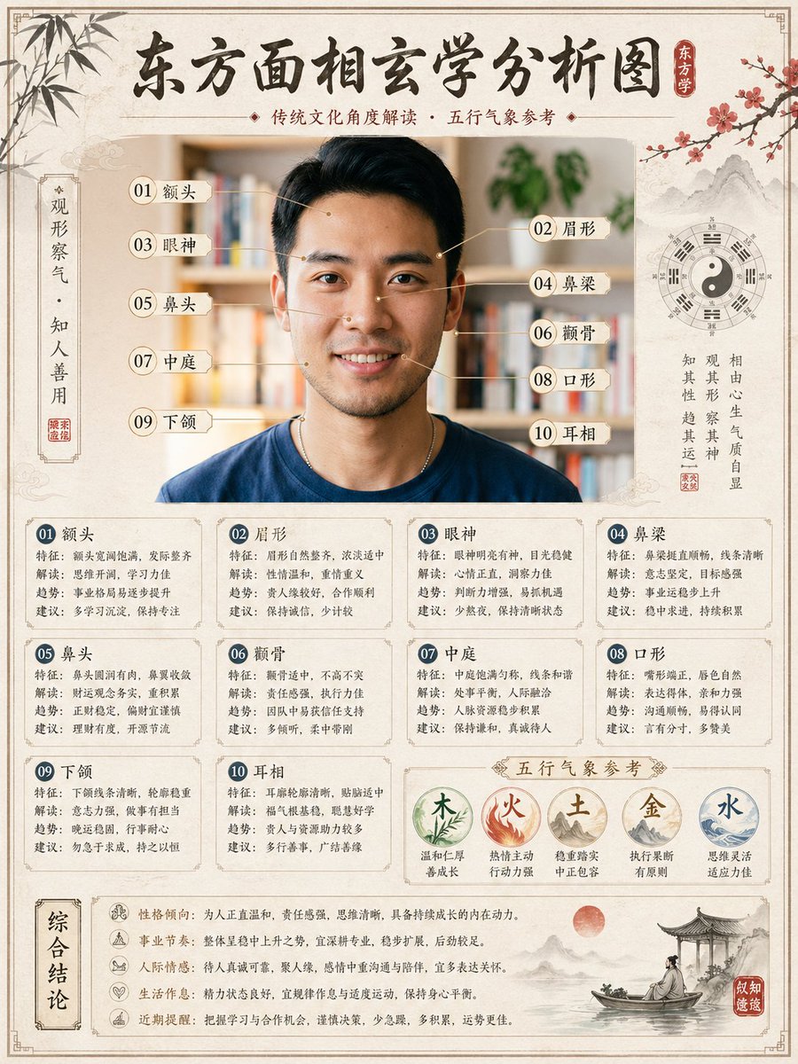 请根据我上传的【手部照片 / 面部照片 / 手脸组合照片】，创作一张高完成度、有设计感、适合分享的「东方玄学分析报告图」