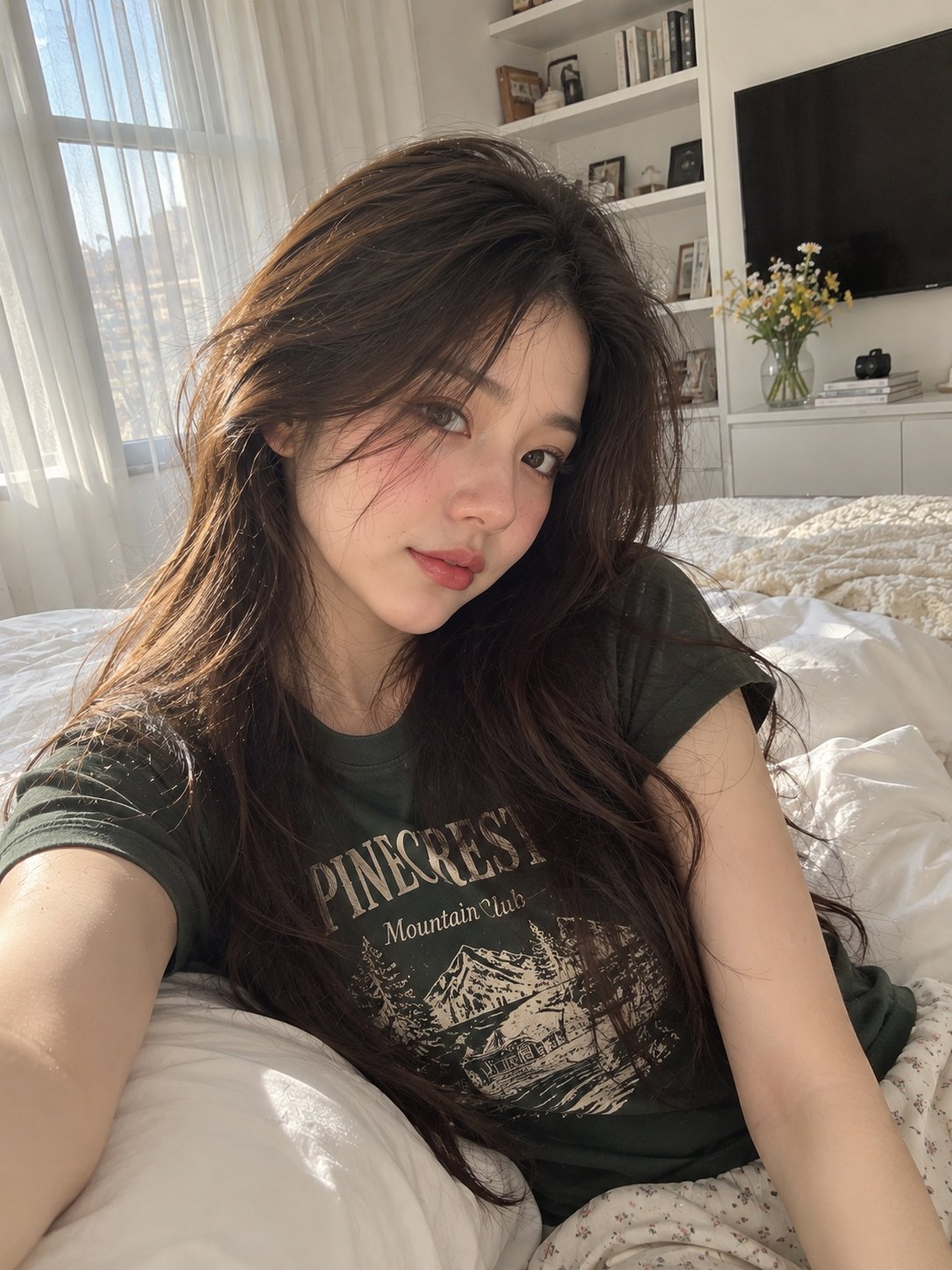 A photorealistic close-up lifestyle selfie of a young woman 