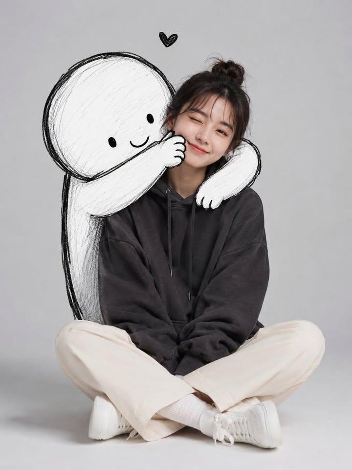 A cute minimalist portrait of a young woman sitting casually
