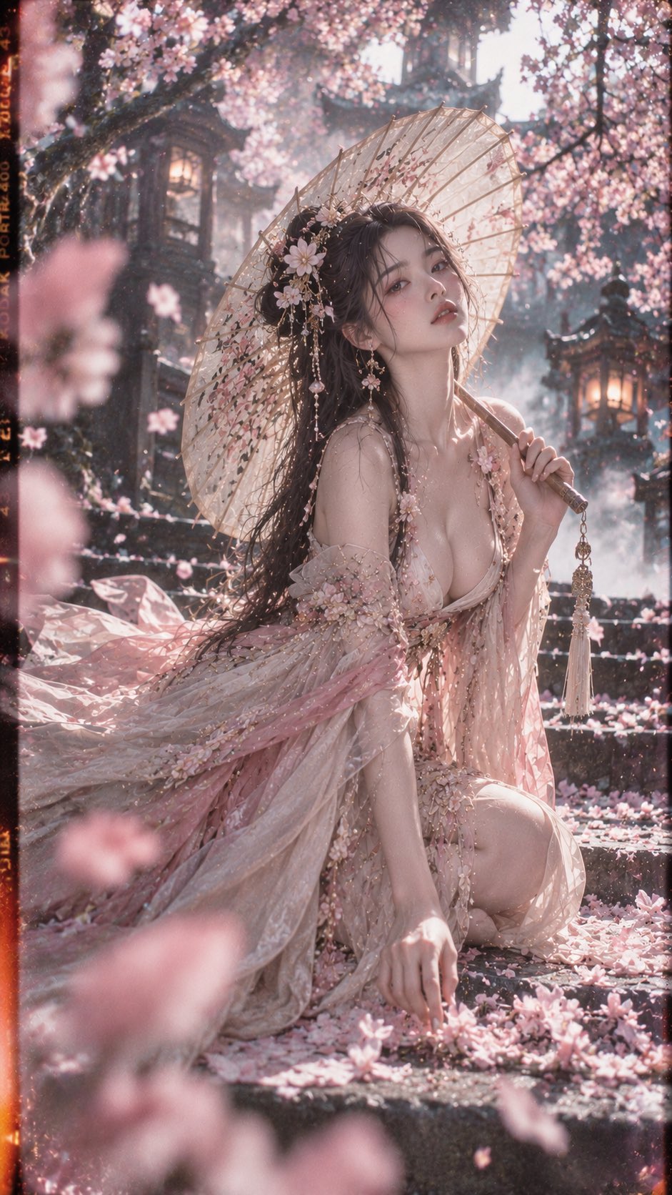 🎞️ 超现实古风电影胶片人像，9:16 竖幅；18–22 岁、明确成年的漂亮东亚女性，约 1.75 米，精致小脸与柔和