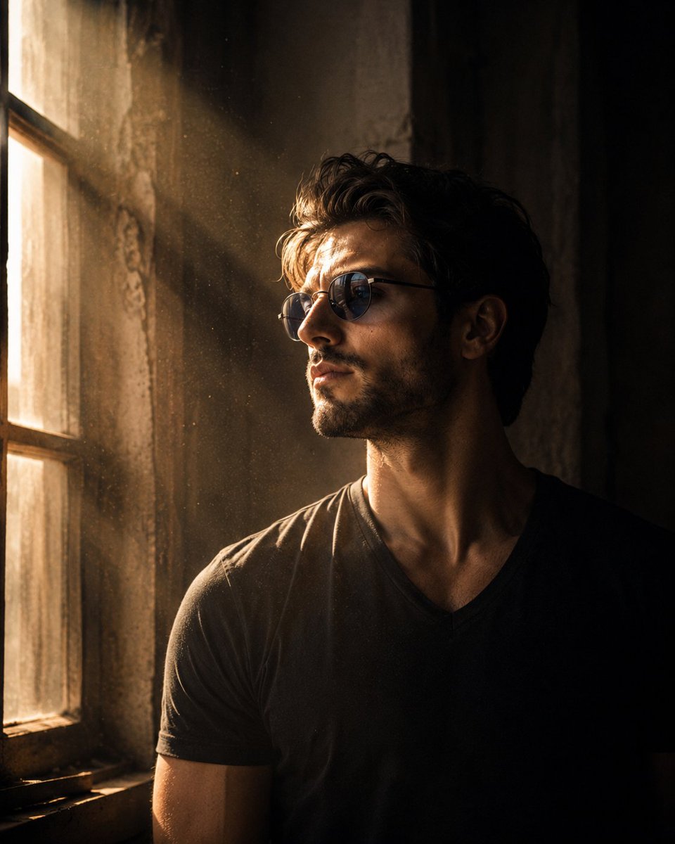 A cinematic portrait of a young man standing beside an old w