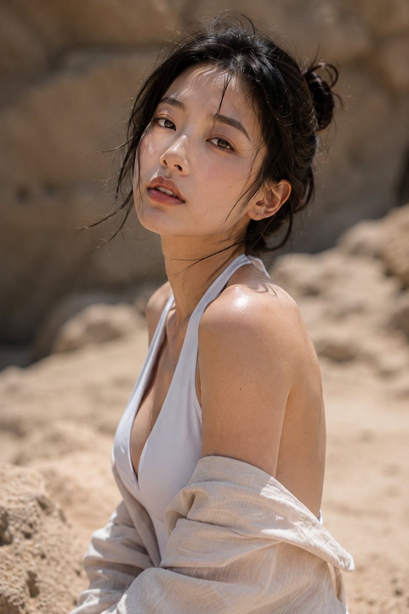 A young Korean woman stands on rocky desert ground, wearing