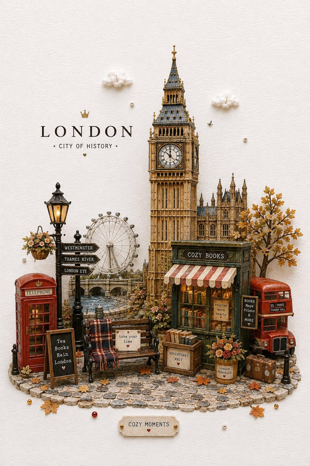 Create a whimsical handcrafted miniature diorama featuring [