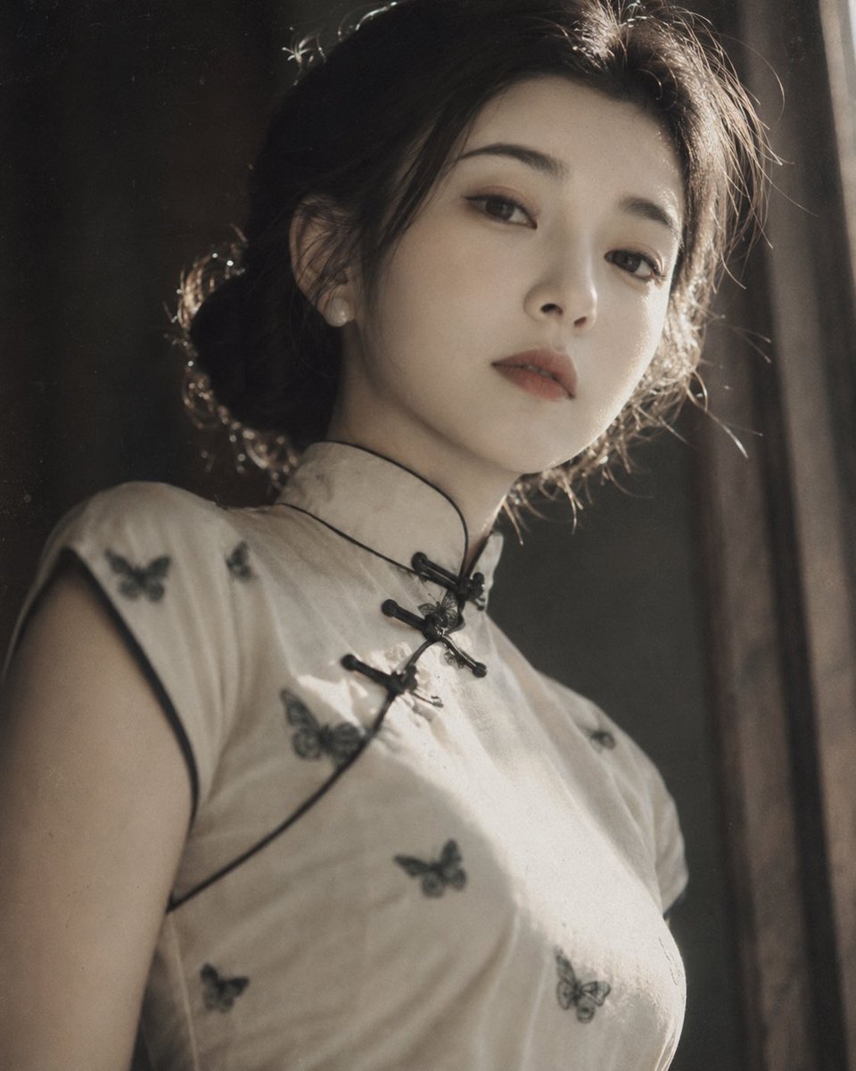 东方民国复古少女写真，一位年轻女性，黑色低盘发，淡雅妆容，穿米白色改良旗袍，衣服带细小黑色蝴蝶纹样。