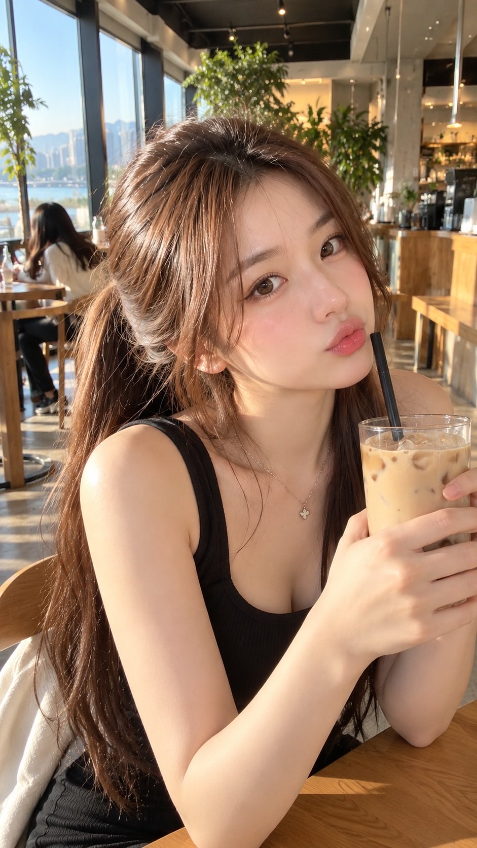 A beautiful young Korean woman with long silky brown hair in