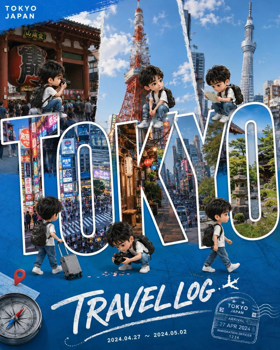Cute chibi travel vlog poster design featuring adorable mini