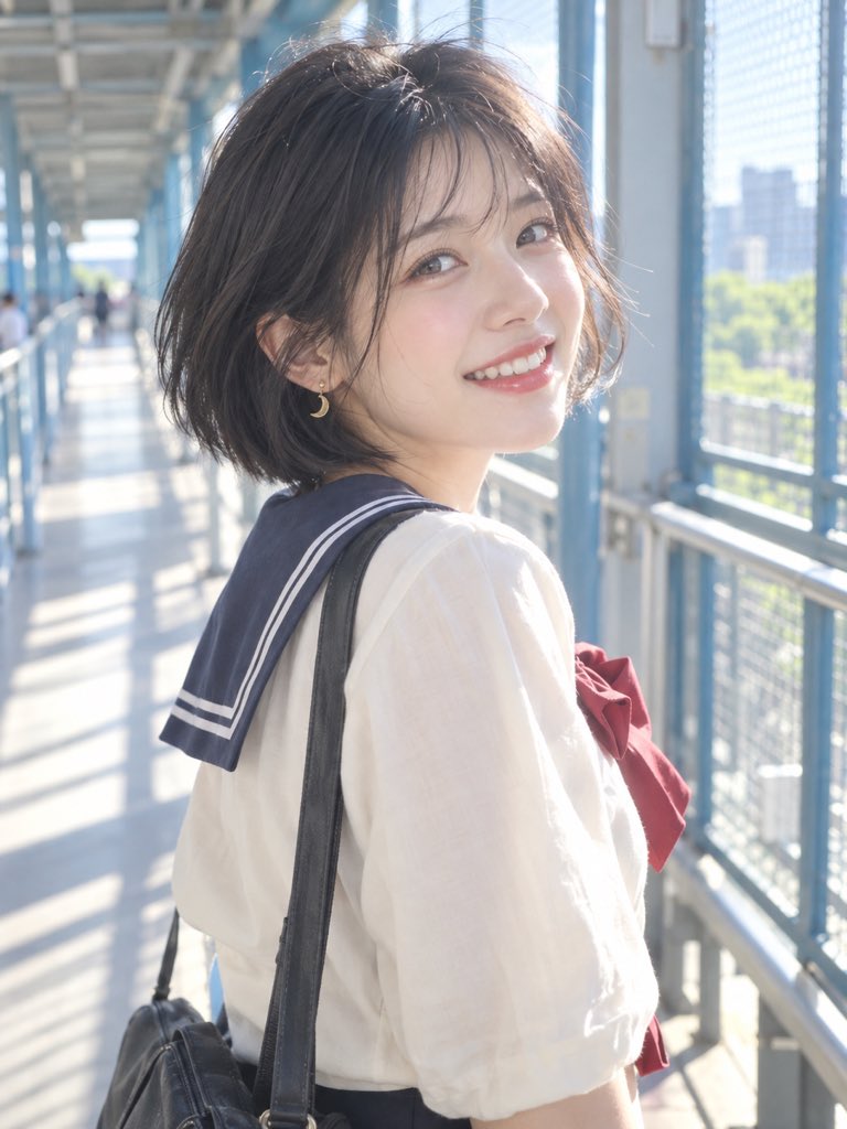 [角色 / 人物设定]，成年女性，日系青春电影剧照感，高曝光自然光人像，近景到半身构图，身体朝向画面一侧，在带栏杆和金属