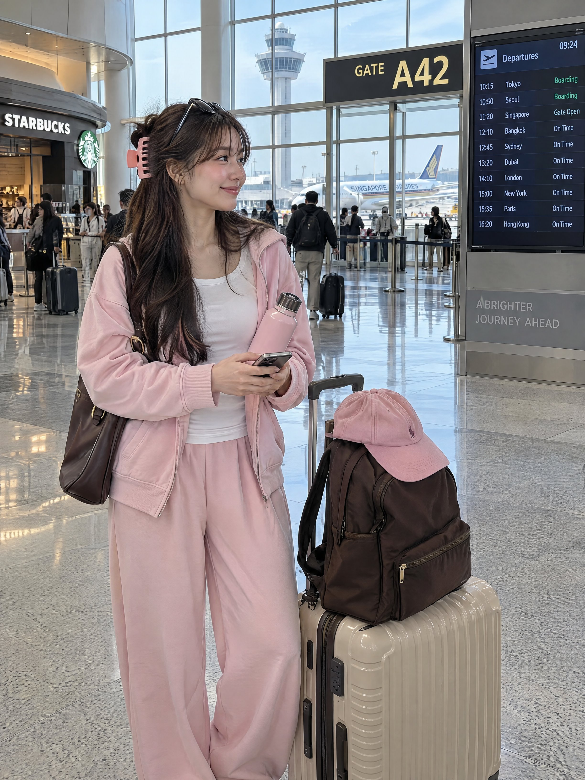 A photorealistic candid travel photograph of a young woman s