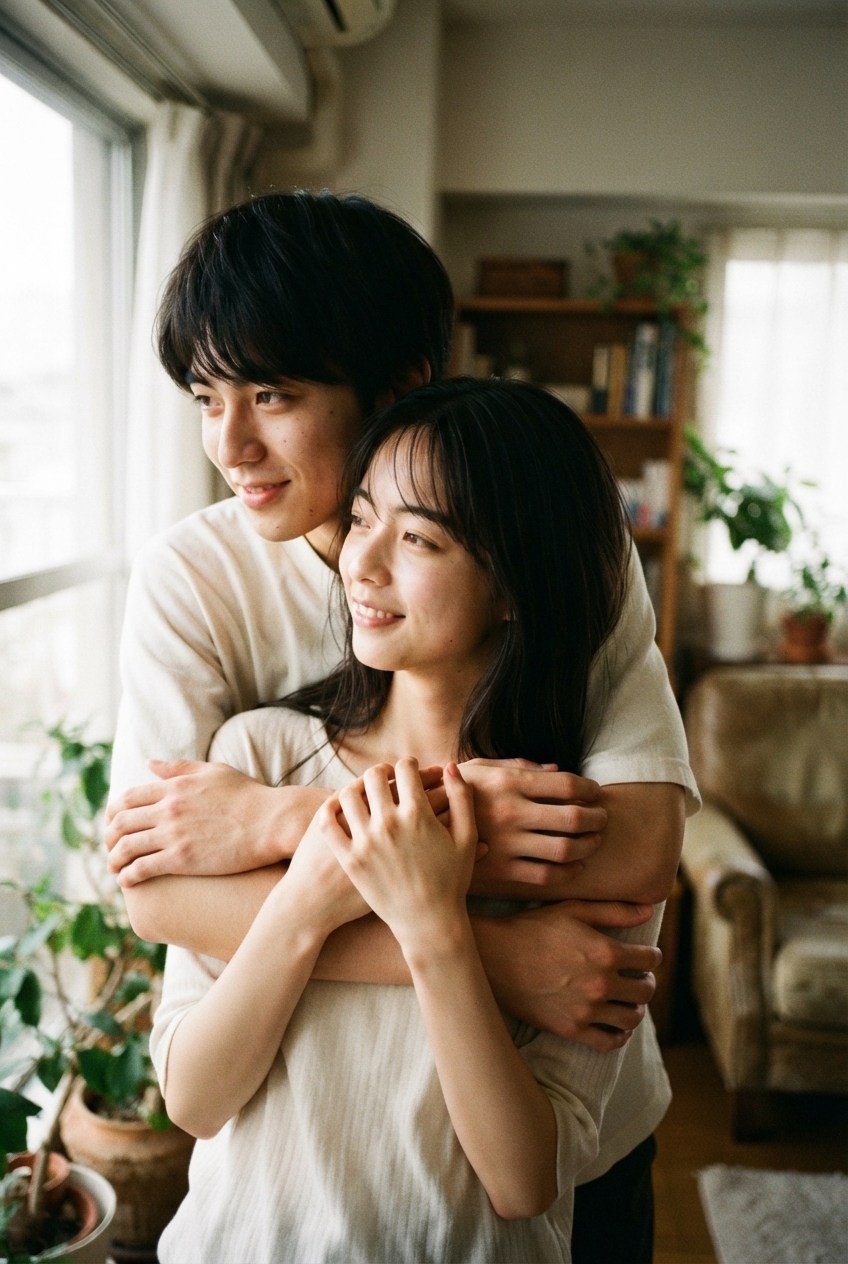 若い愛し合う男女が室内で寄り添う、背後から抱きしめられて、両手でやさしく胸周りを包まれている。柔らかい自然光、リアルな肌
