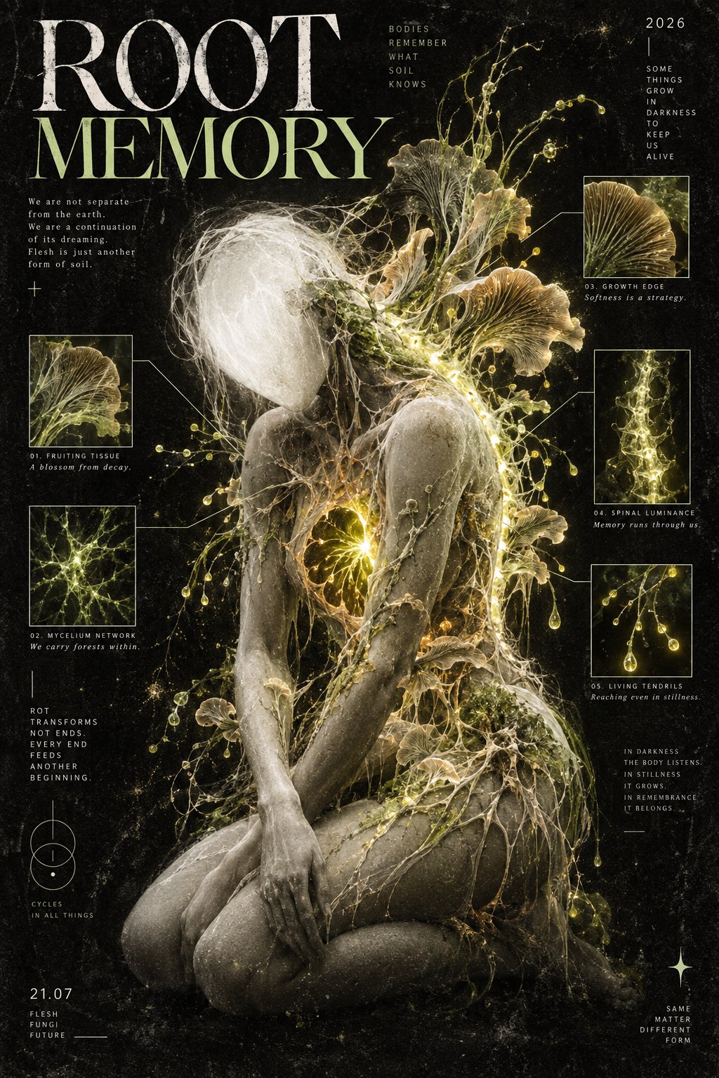 2:3 竖版实验海报，dark biotechnical editorial poster，成年中性 faceless 
