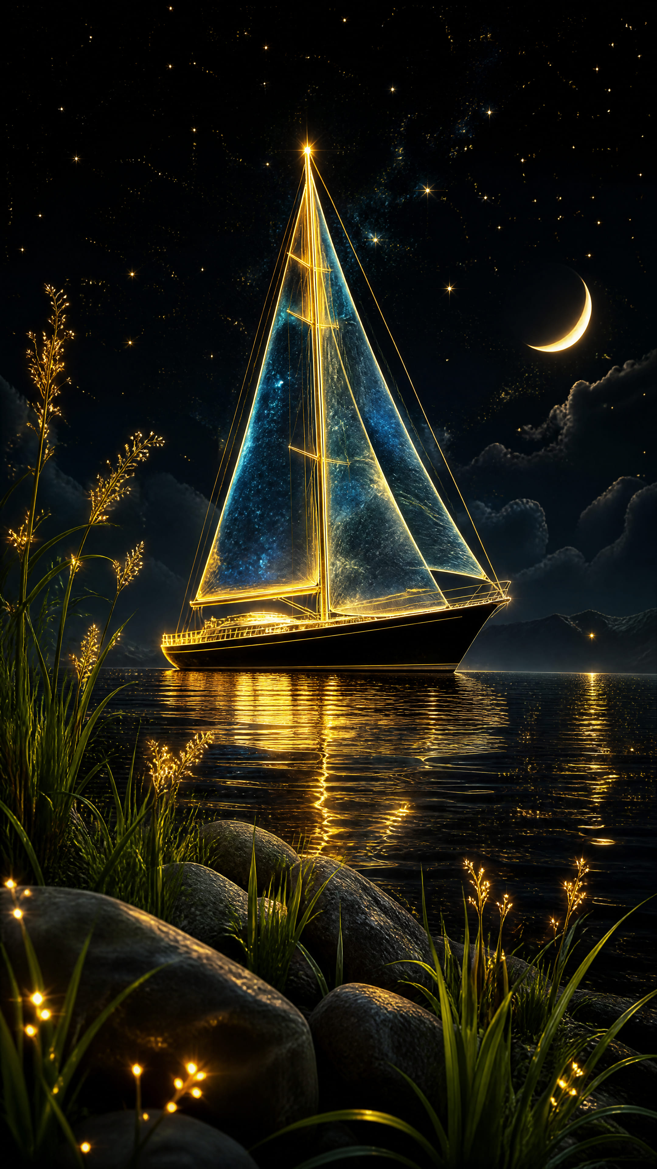 A luminous sailboat, outlined in glowing golden light, float