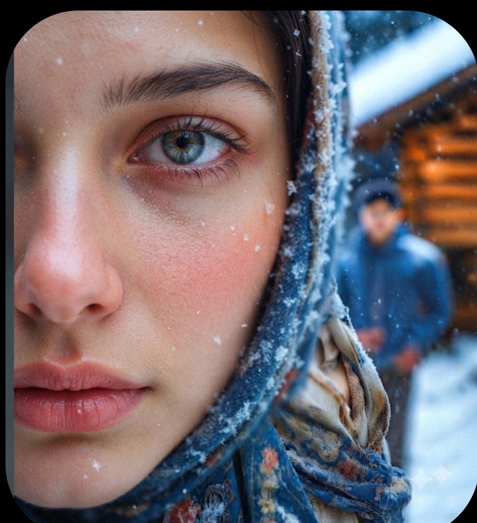 A cinematic portrait of a young woman standing in a snowy vi