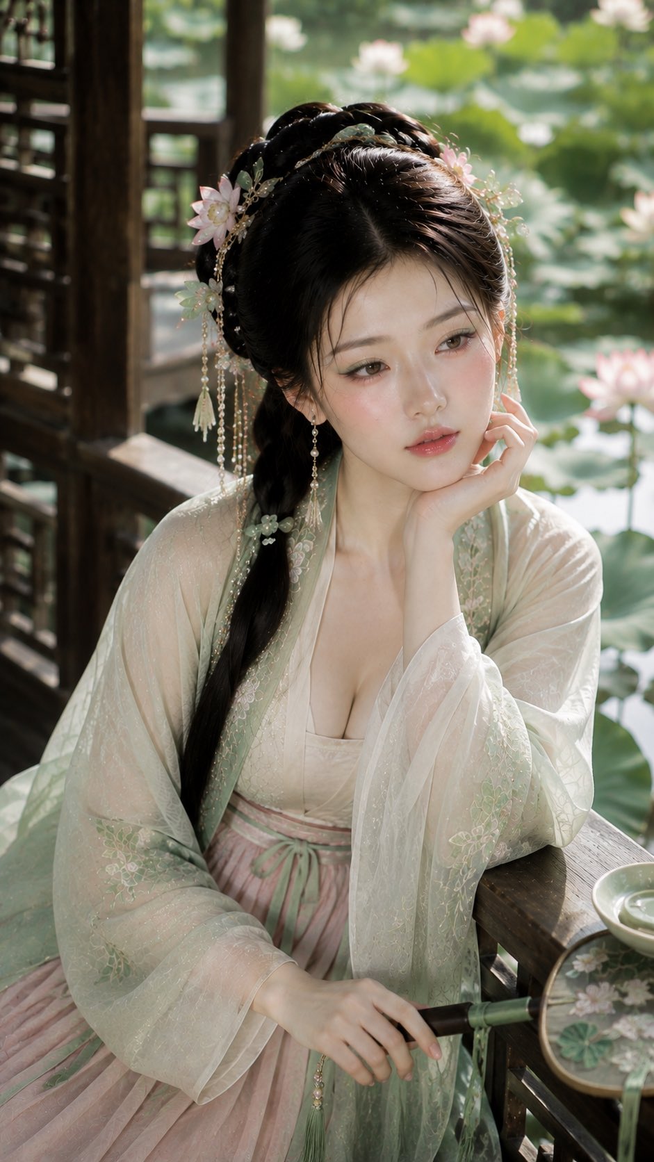 9:16 竖版,古风荷塘清润美妆人像,江南贵女夏日水榭写真,东方古典女性半身近景,人物坐在临水木质水榭栏杆旁,身体自然轻
