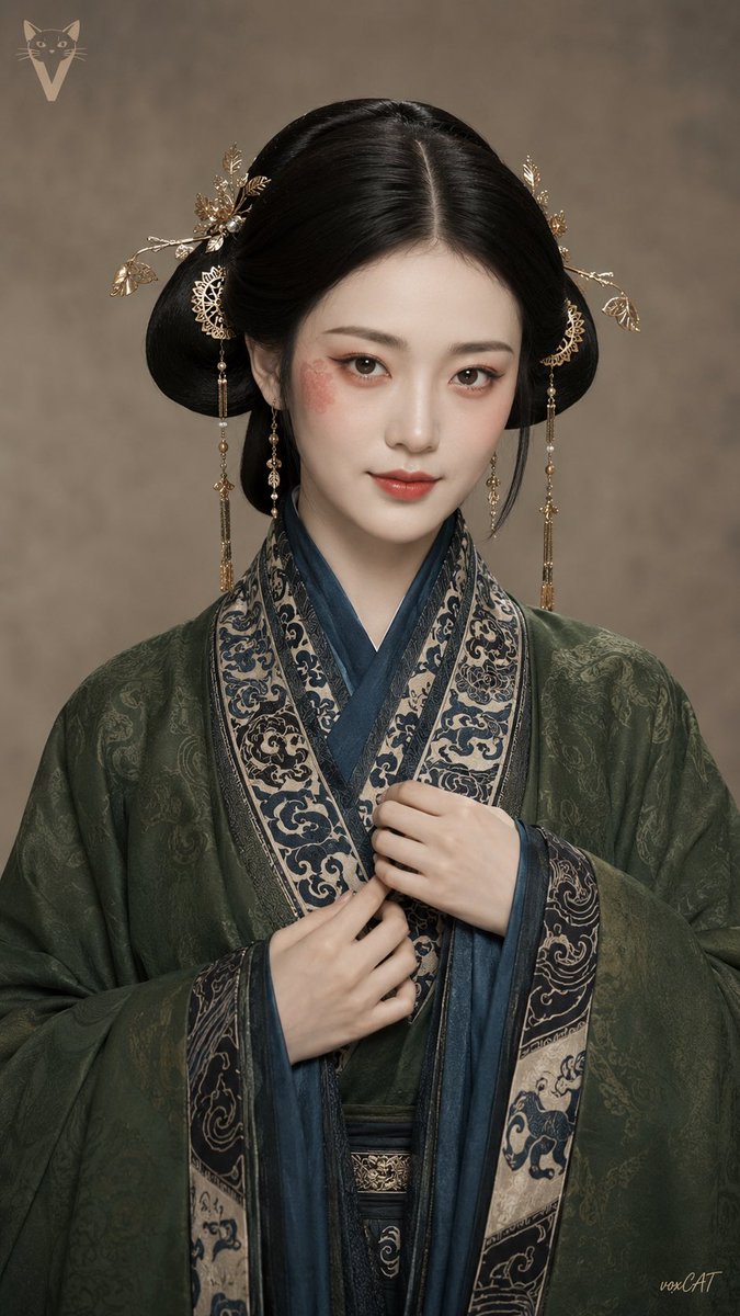 一张 9:16 竖版西汉贵族仕女真人肖像摄影，以一位成年东亚女性为主体，呈现现代影视化汉代复原造型。人物正面面对镜头，头