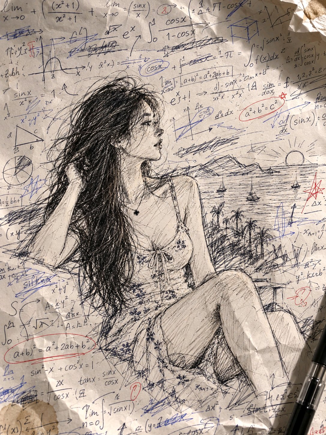 画面呈现出一种随性的简笔插画风,一张充满密密麻麻计算的草稿纸占据了大部分画面,计算的字迹凌乱且潦草。在这片凌乱之中,照片