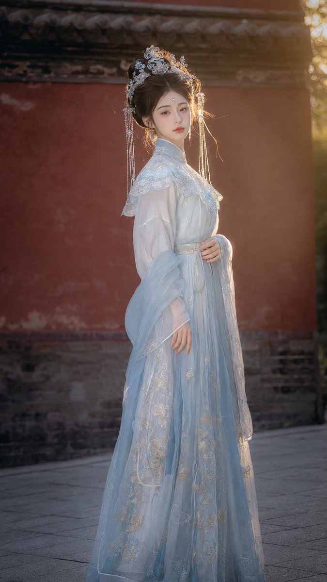 竖幅中全身古风人像，少女身着蓝白改良明制汉服，立领刺绣云肩，半透冰蓝珠光纱裙，裙身浅黄花刺绣；头戴银蓝水钻镂空凤冠，垂细