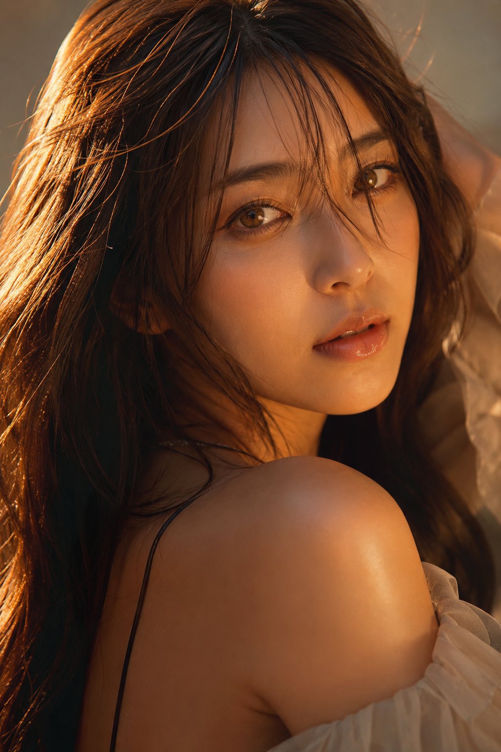 Beautiful woman with long, flowing dark-brown hair, mesmeriz