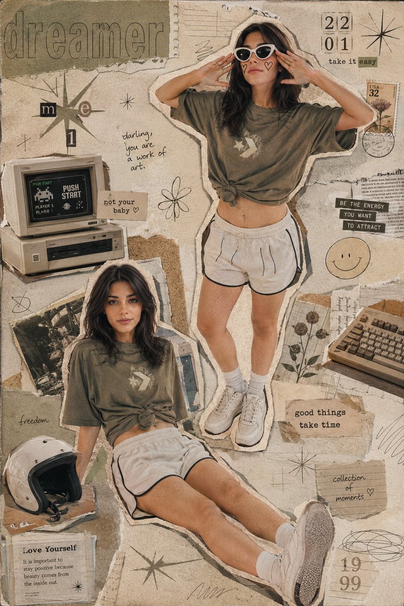 Create a highly detailed Y2K-inspired scrapbook collage post