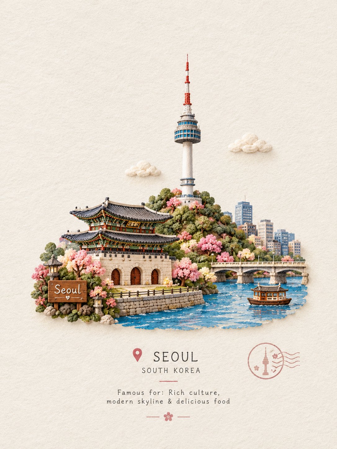 Create a charming handcrafted miniature travel scene featuri