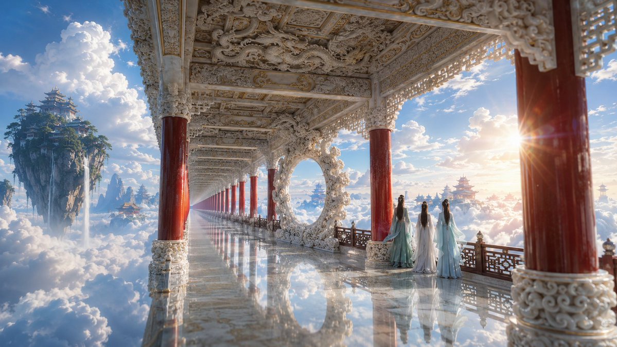 一张电影感的东方仙侠场景图，cinematic wide shot，严格的 one-point perspective 