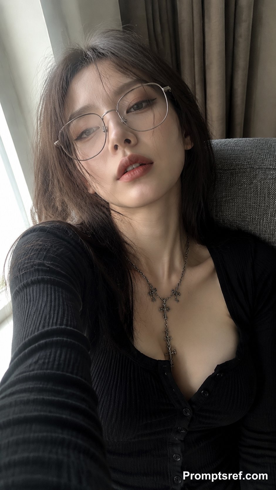 An adult woman in an extremely close indoor smartphone selfi