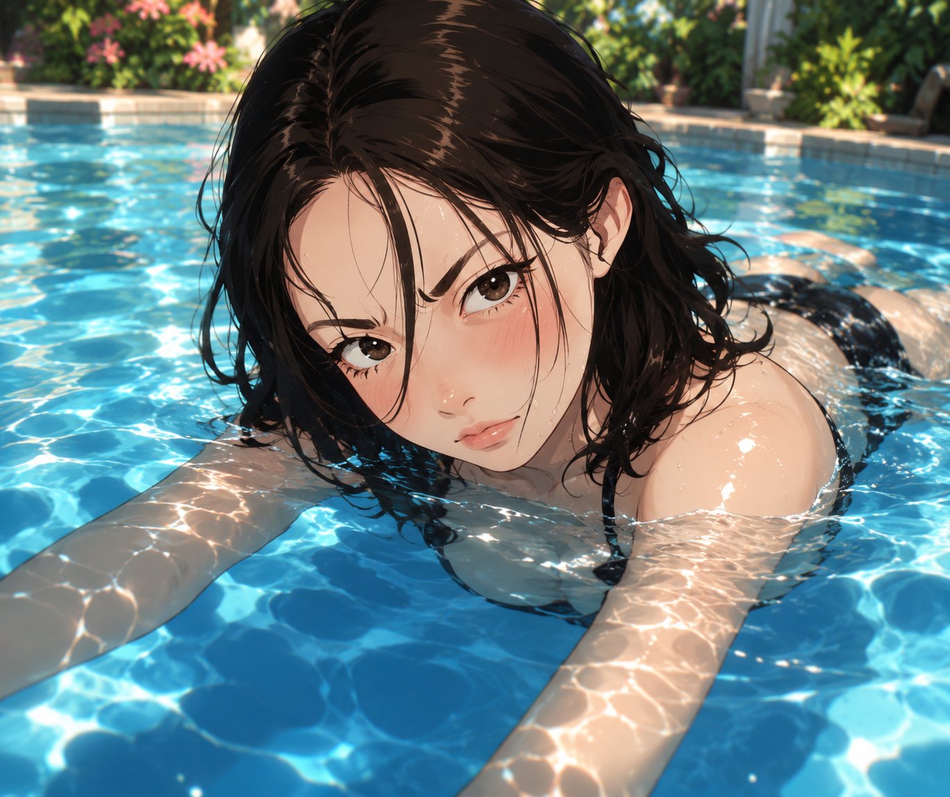 A stunningly beautiful anime-style young woman swimming grac