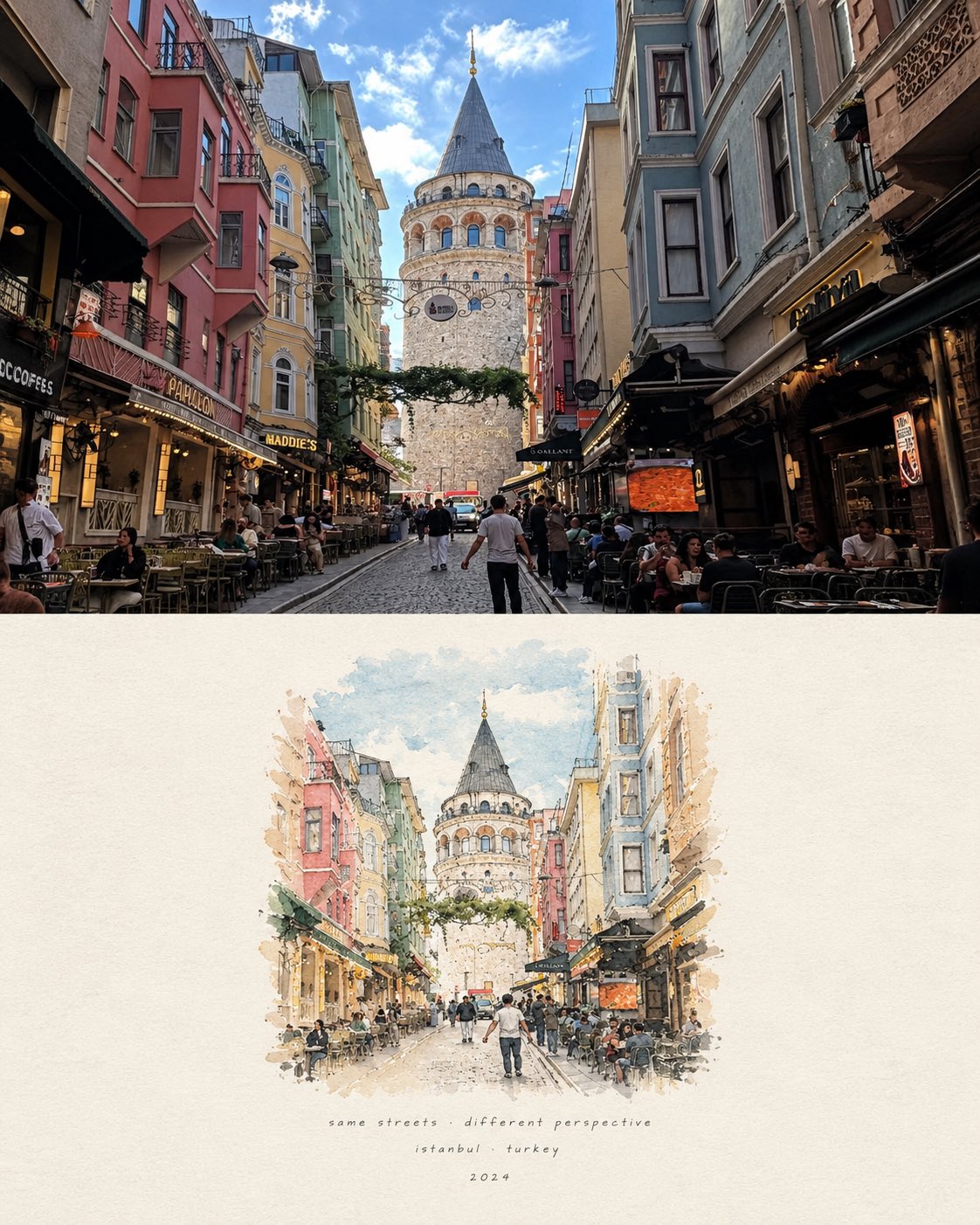 Create a sophisticated minimalist editorial travel-art poste