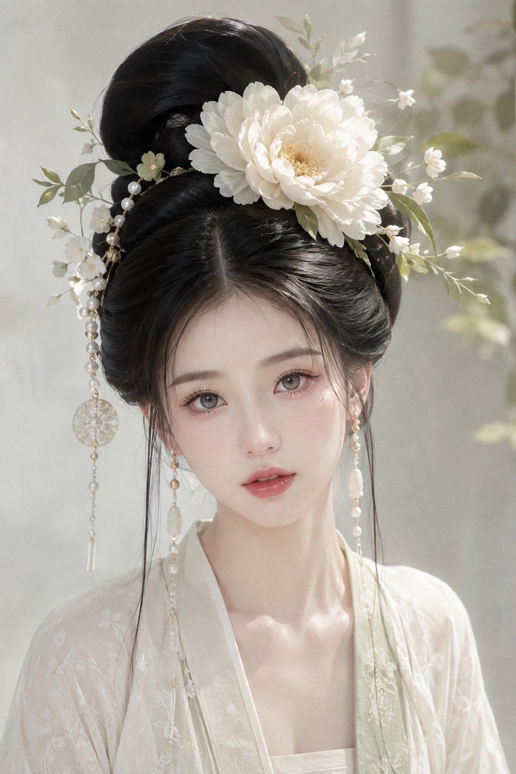 一名明确为成年人的东方女性，整体塑造成“古典水光仙姬”气质，重点统一脸型、五官、妆容、发型与发饰，使人物呈现温柔、清透、