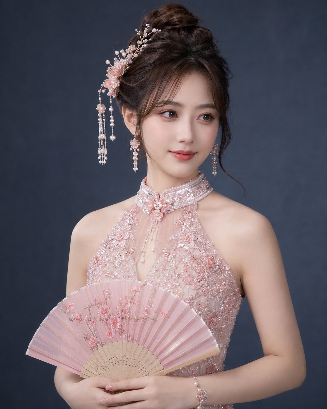{角色},保留角色自身最具辨识度的脸部结构、发型、发色、瞳色、服装主色与标志性饰品,并将角色服装重新整理为具有新中式礼服