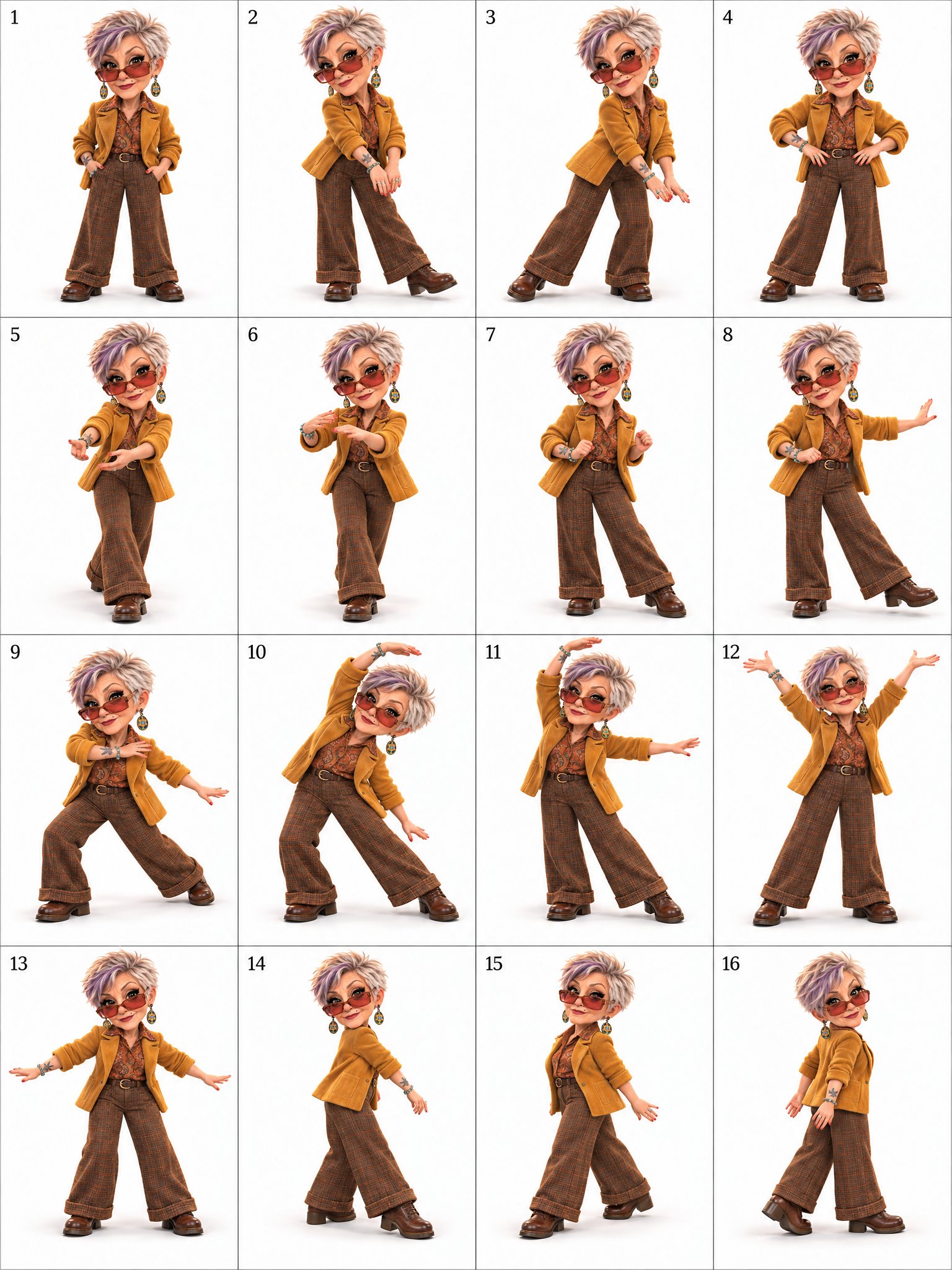 Create a polished square 4×4 dance pose sheet using the exac