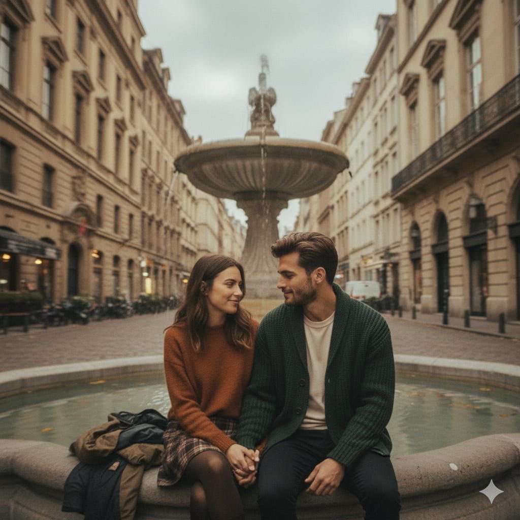 Cinematic romantic street photography of a couple sitting ha