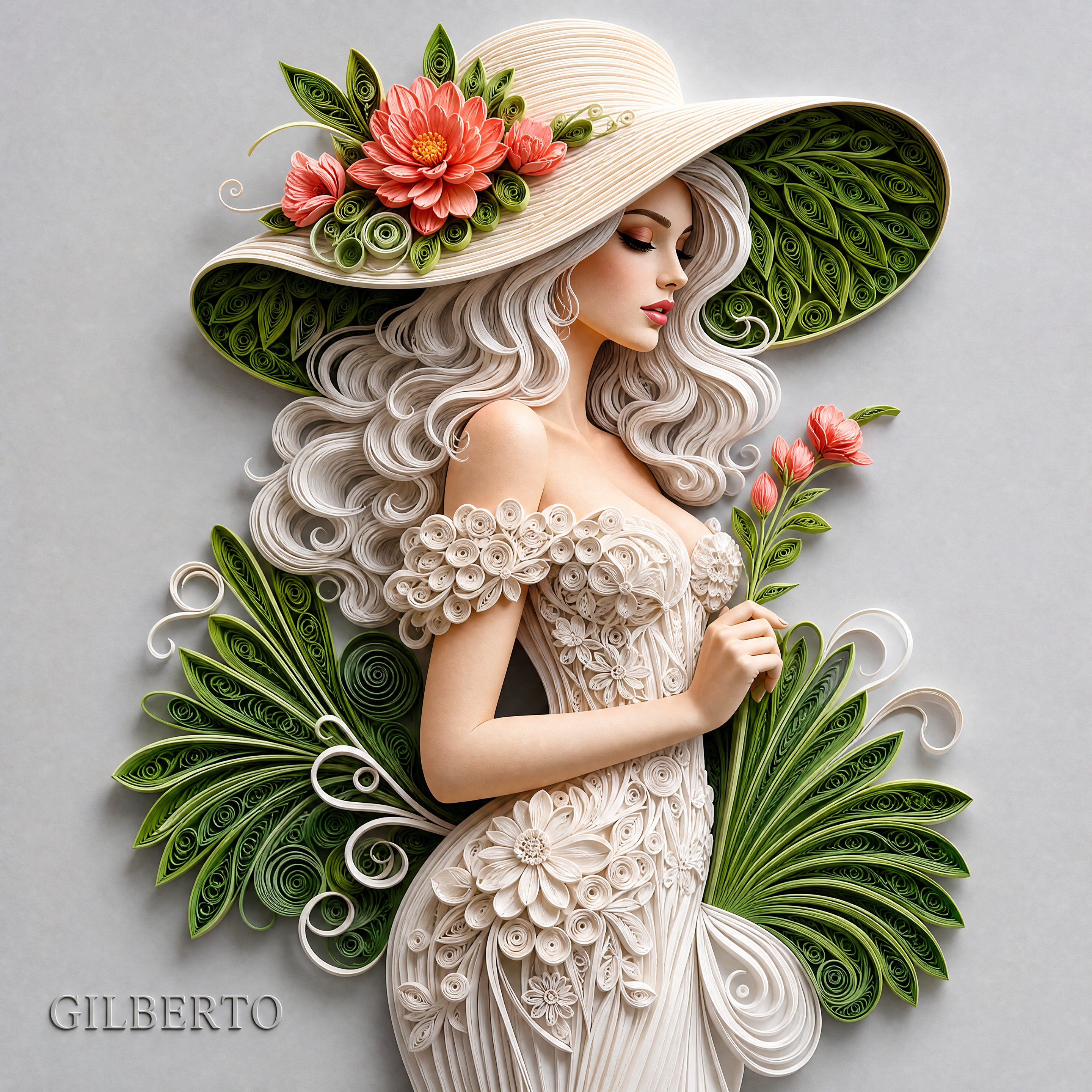 A detailed 3D paper quilling relief artwork of an elegant wo