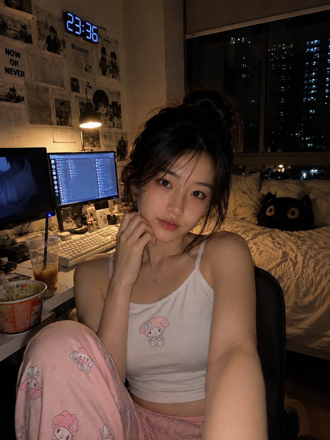 Ultra-realistic cozy late-night bedroom selfie of a young Ea