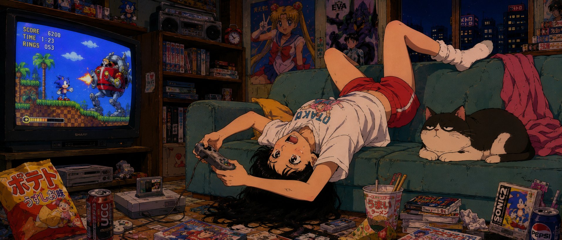 21:9 ultrawide 1990s anime fan-art scene, bright, funny, cha