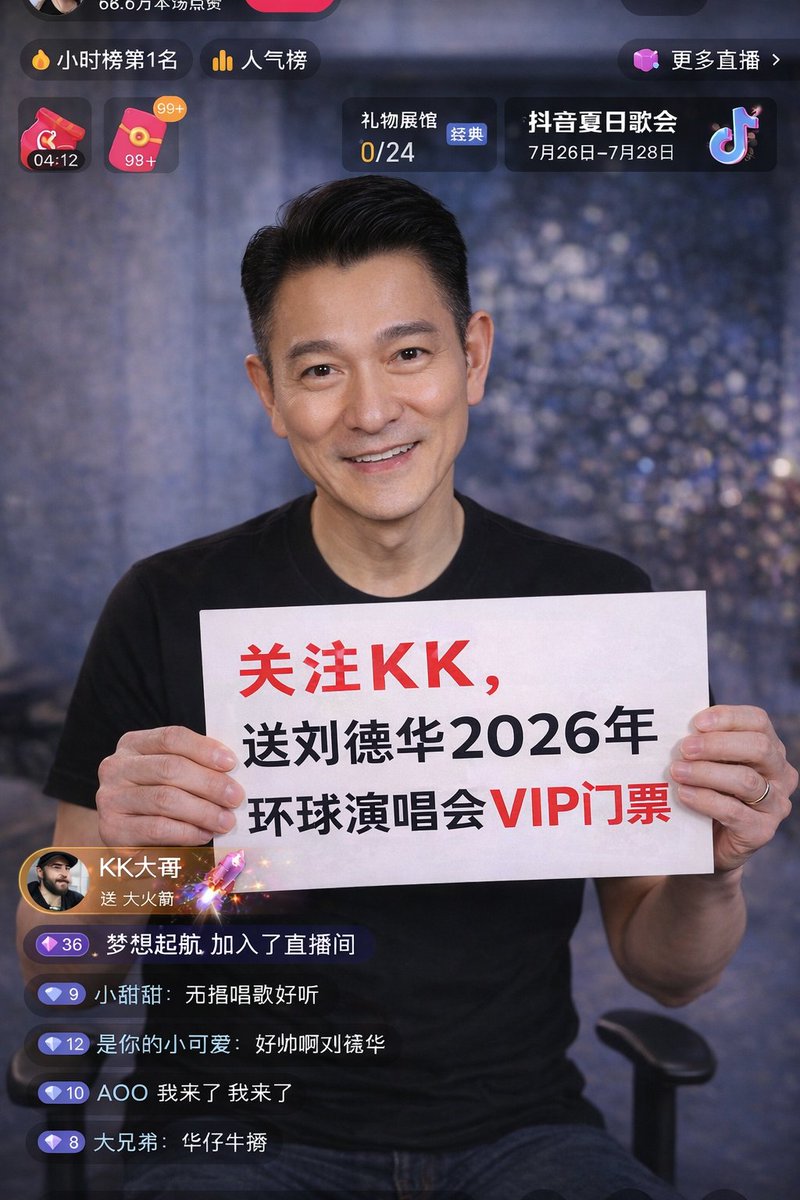 图片比例 9:16 ，生成一张抖音直播截图，里面是 ～～～在直播，～～～手里拿着牌子，牌子里写着 ～～～