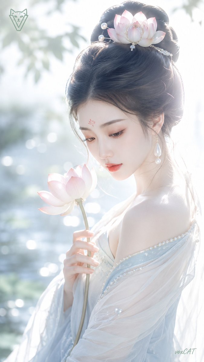 一张竖版古风仙气人像写真,主体为一位成年东亚女性,整体气质清冷、柔和、安静,带有花神系、仙侠系的唯美氛围。画面为近景到中