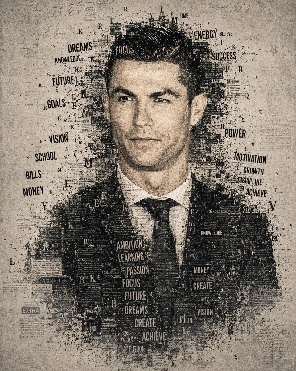 Ultra-detailed typographic portrait of a legendary football 