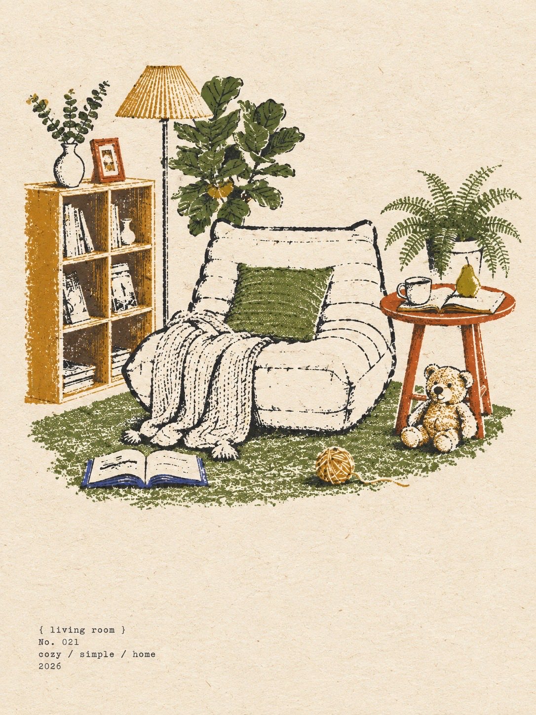 Create a charming hand-drawn vintage interior illustration i